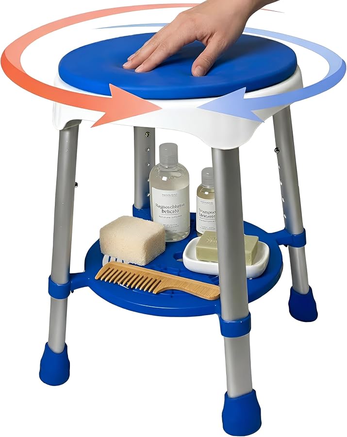 Sgabello doccia girevole con seduta blu e ripiano